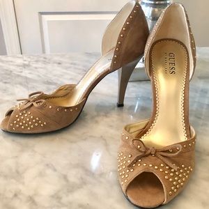 GUESS by Marciano Suede Studded peep toe heels